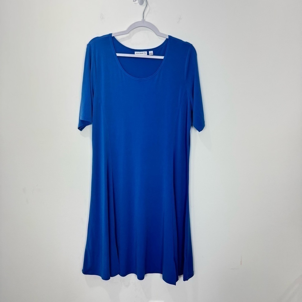 Susan Graver Liquid Knit A-Line Shift Midi Dress Blue Size Large - Picture 2 of 10